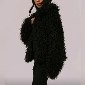 Faux Mongolian Fur Jacket/Coat (Black) XL